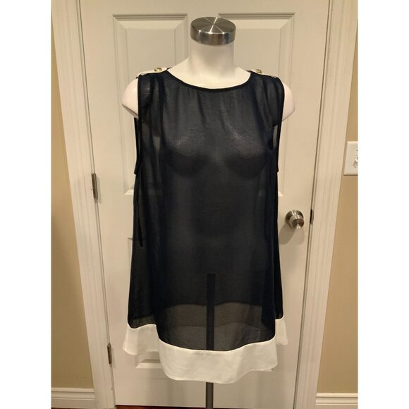 Ted Baker Navy Blue White Sheer Sleeveless Adilene Top, Size Small - Picture 1 of 6